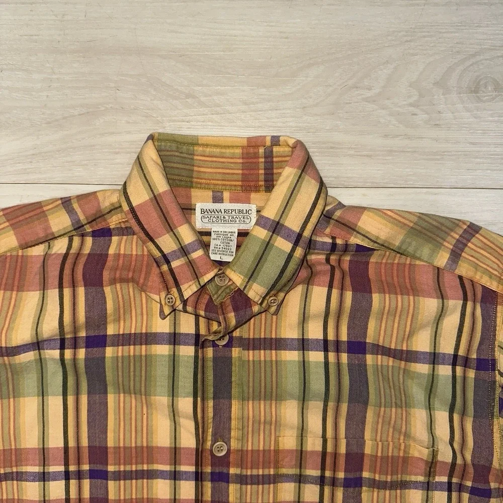 Vintage 90s Banana Republic Plaid Short Sleeve Button Up Shirt Multicolor Mens L